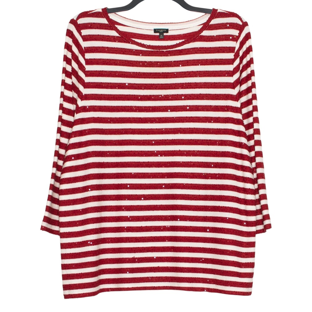 Talbots 3/4 Sleeve Top Striped Sequin Preppy Nautical Red White Plus Size 3X